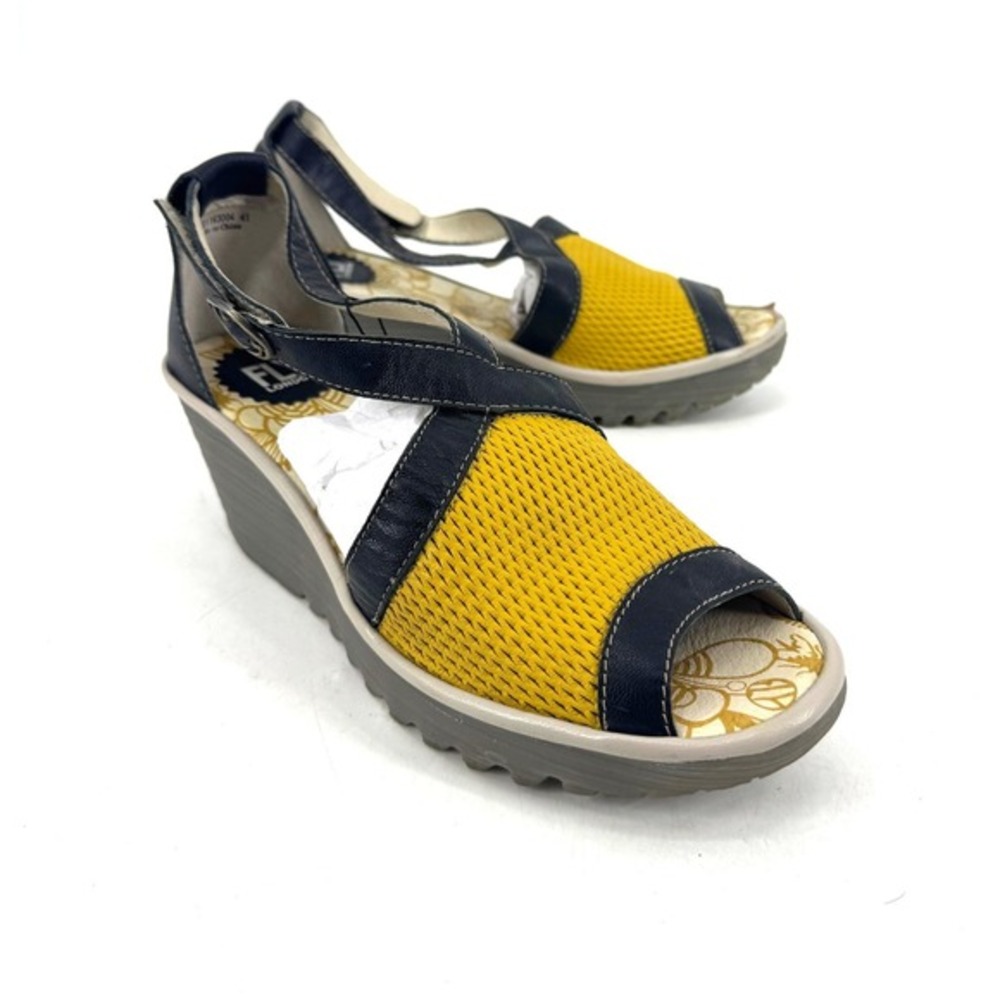 Fly‎ London Yace163Fly Peep Toe Wedge Sandals Leather Ankle Strap Yellow